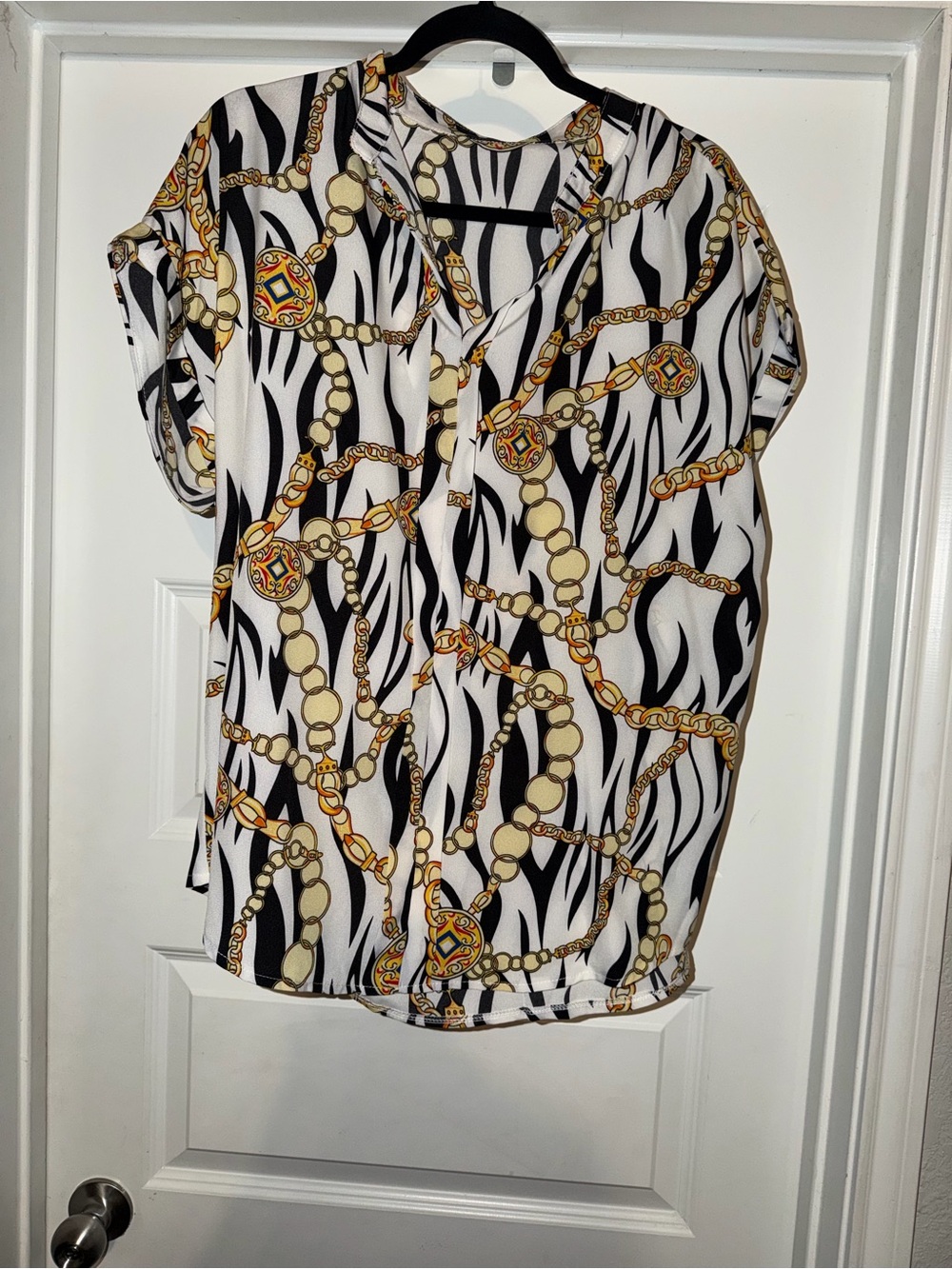 SHEIN Black White Zebra Print Blouse with Gold Chain Detail